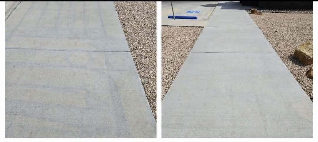 Side by side comparison of striped, wand-damaged concrete versus concrete cleaned evenly with a surface cleaner