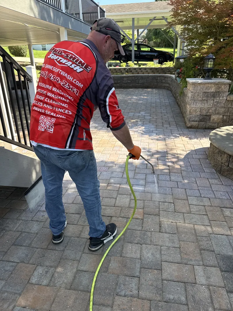 Pro-Shine Softwash applying Trident Hurricane Cat 5 paver sealer in Rocky Mount, VA