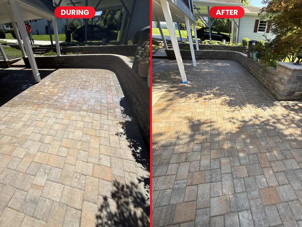 Front entry paver patio during the sealer application and after sealing in Rocky Mount, VA