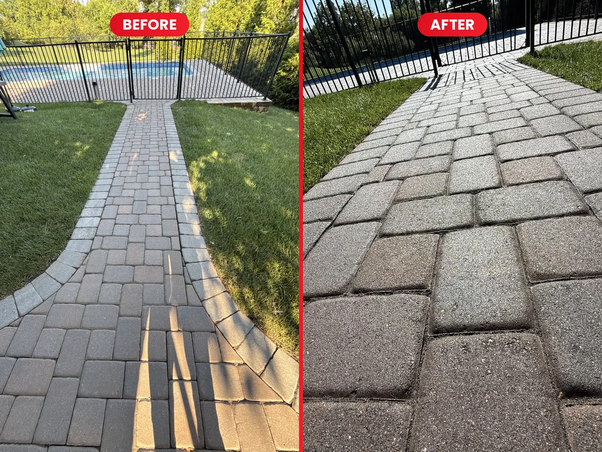 Paver walkway to the pool gate before and after sealing in Rocky Mount, VA