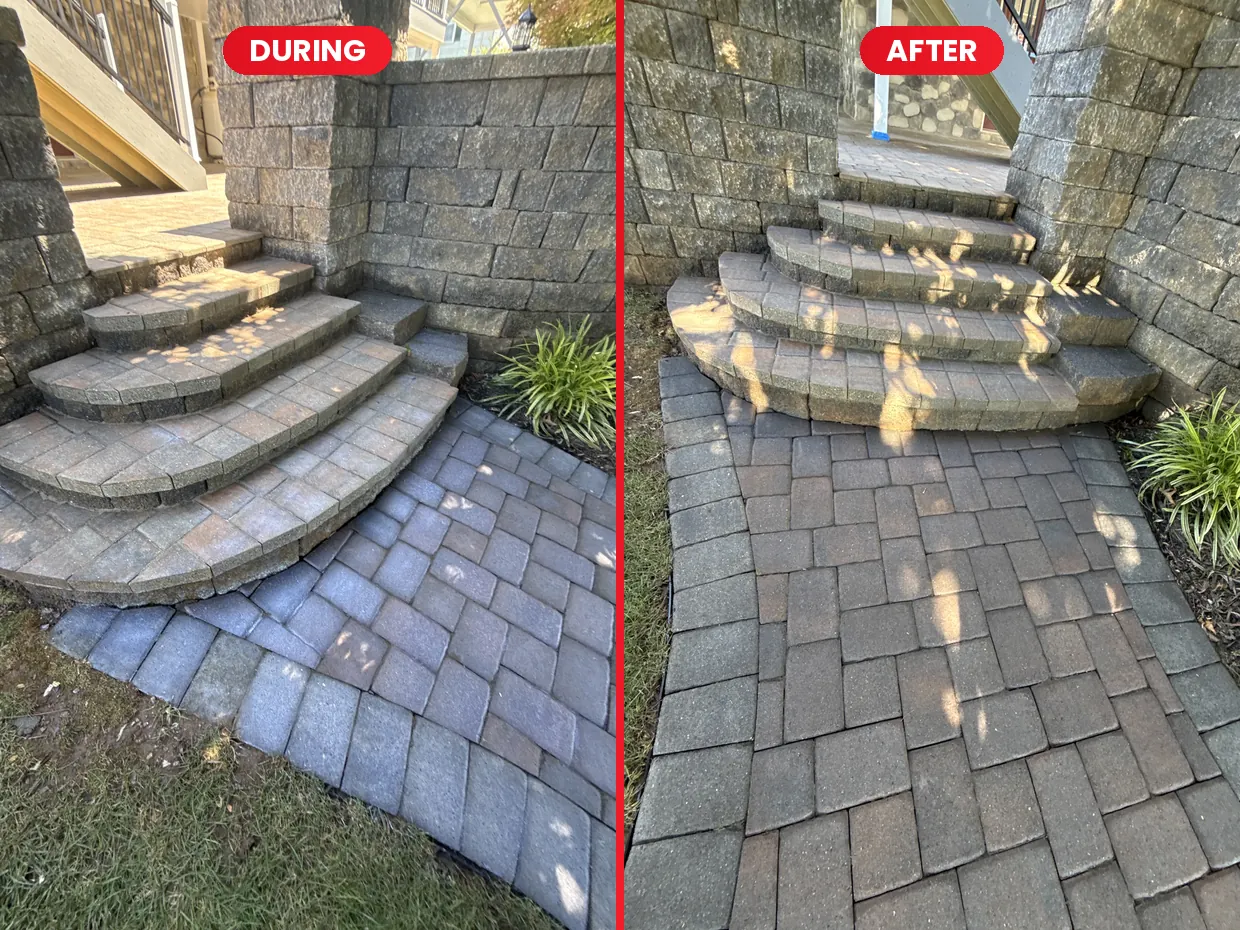 Paver steps during the sealer application and after sealing in Rocky Mount, VA