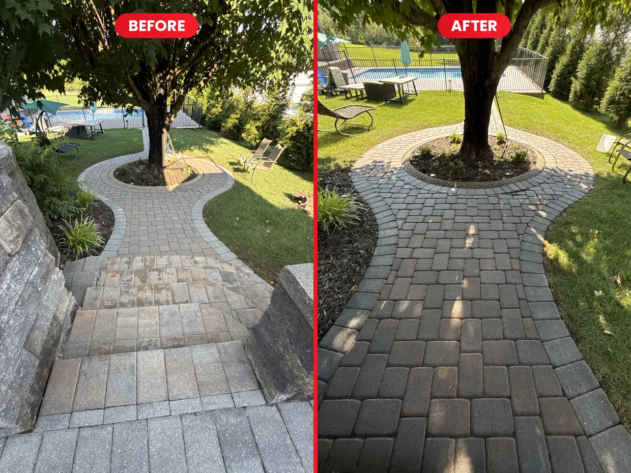 Curved paver walkway before and after cleaning and sealing in Rocky Mount, VA