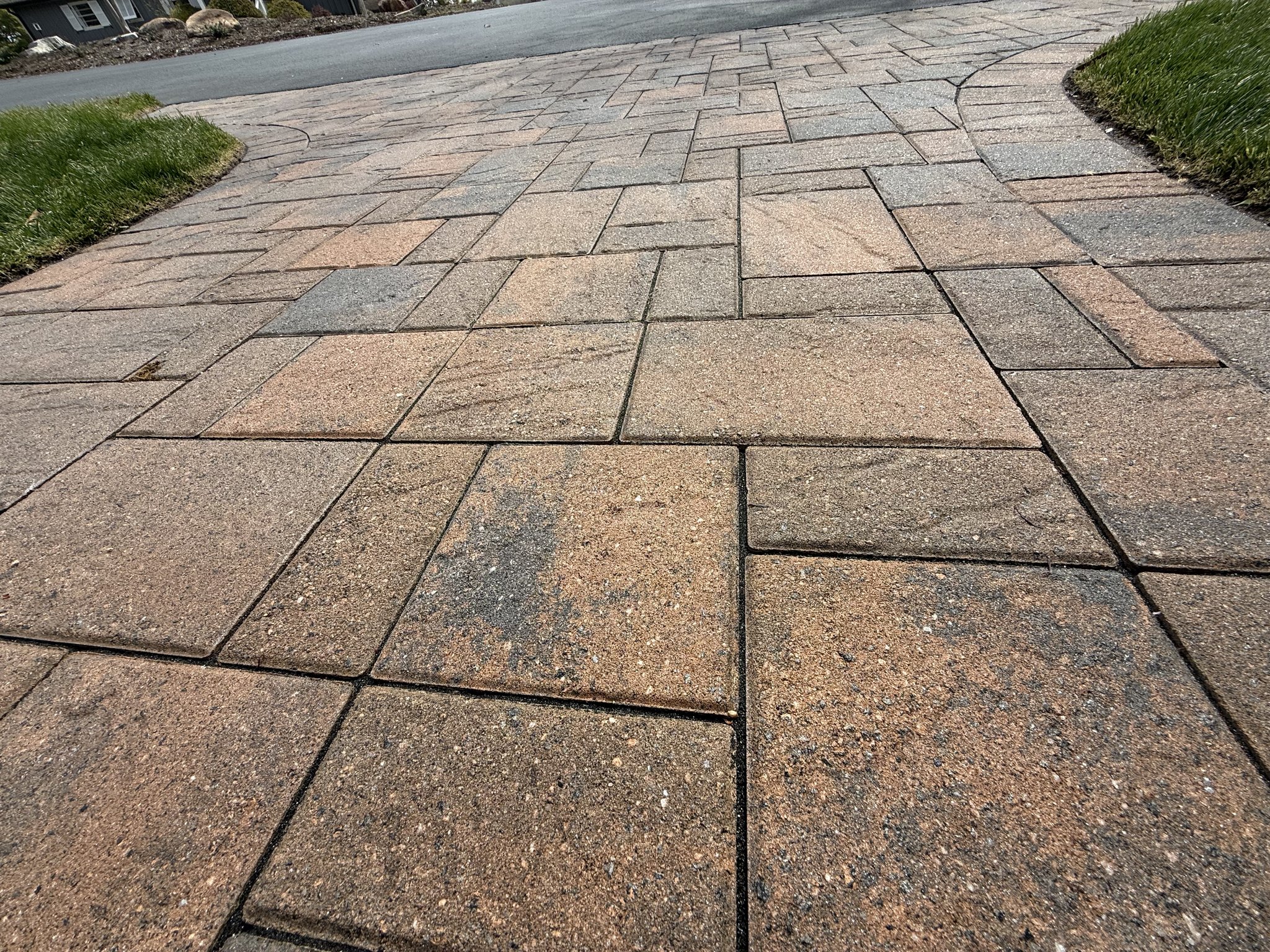 Low-angle view of sealed pavers with tan and charcoal tones restored