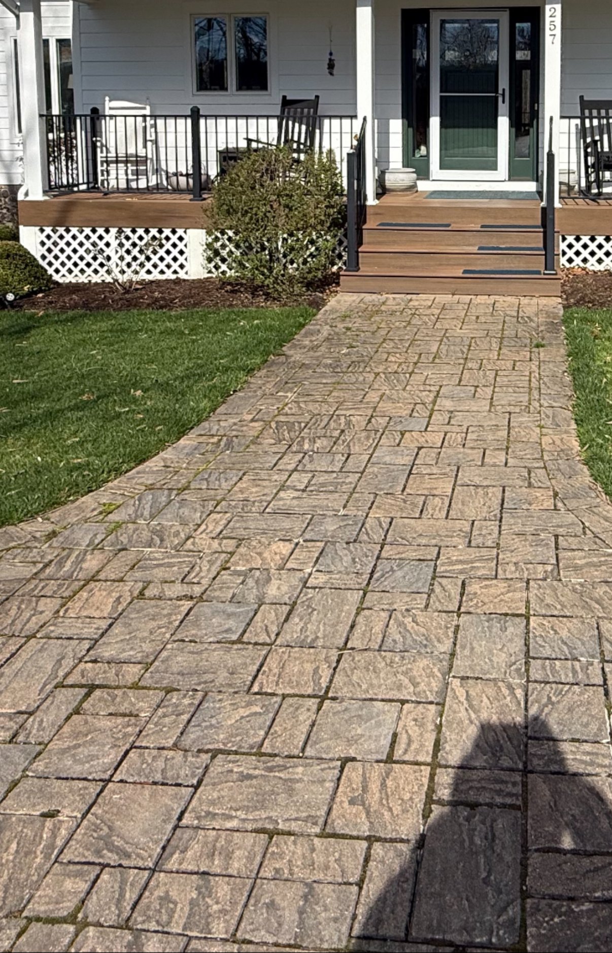 Mossy, faded paver walkway before cleaning and sealing in Union Hall, VA