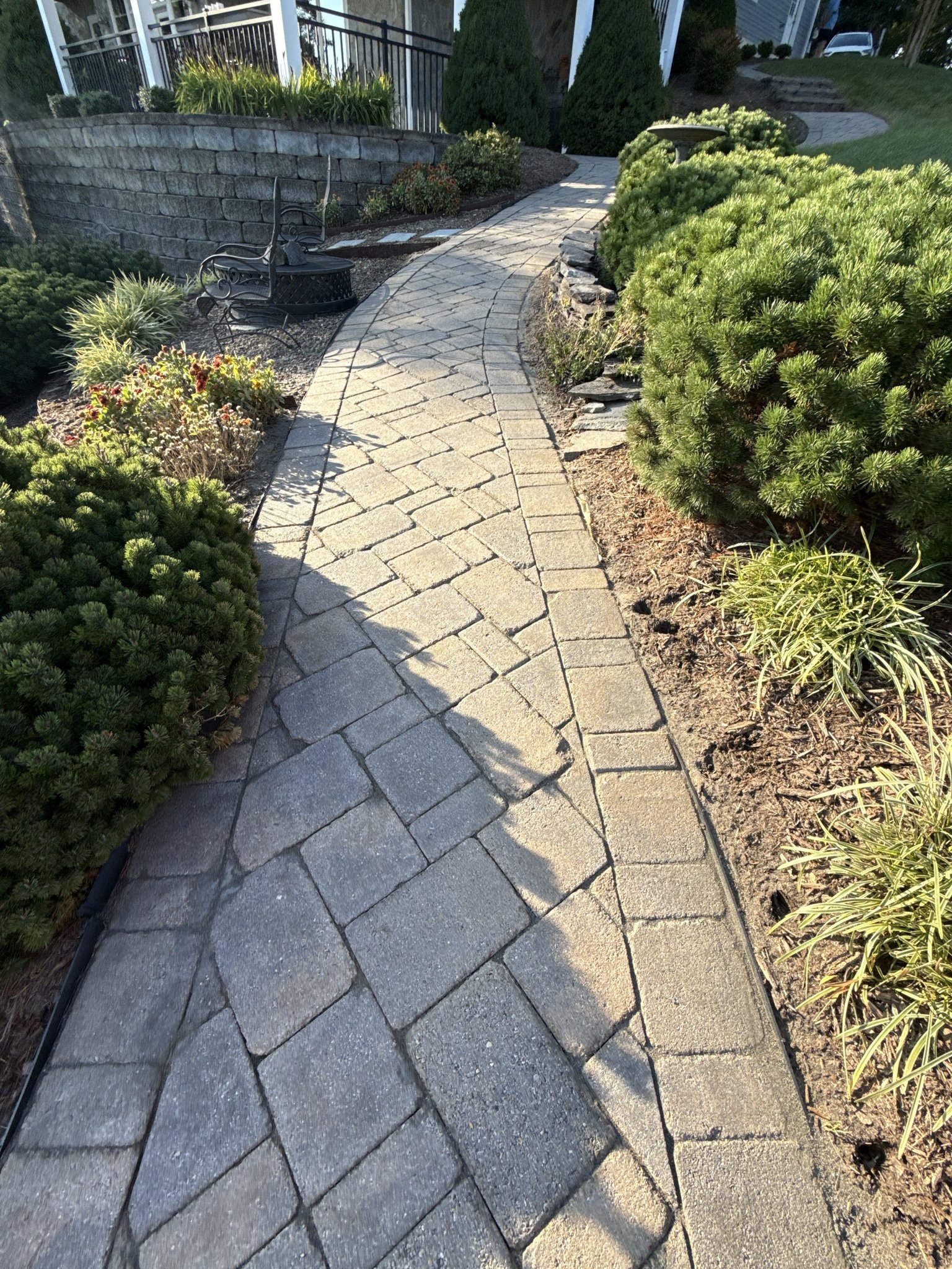 Paver walkway with fresh fieldstone joint sand running below the landscaping beds