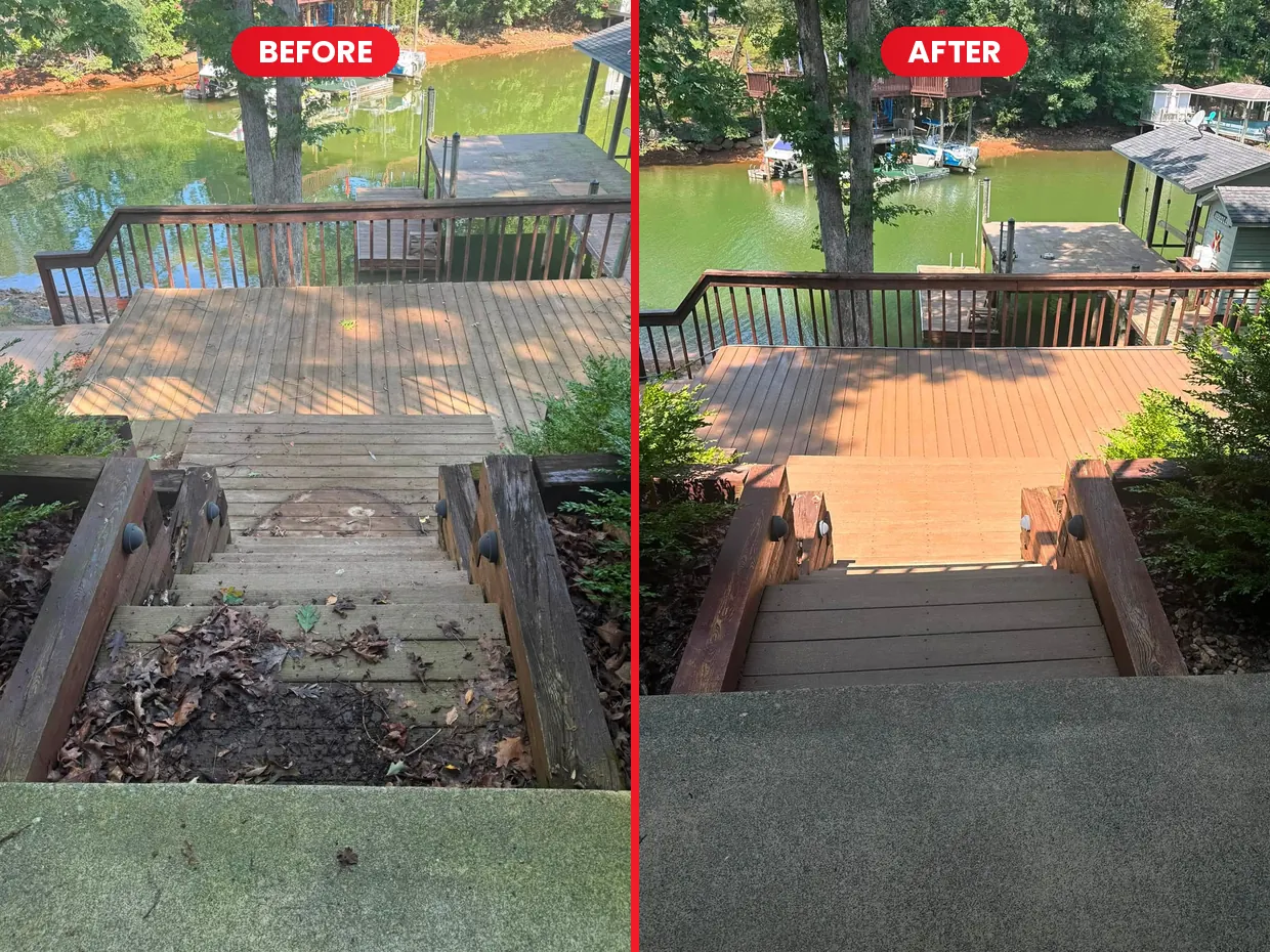 Composite deck stairs down to the dock before and after cleaning at Smith Mountain Lake, VA