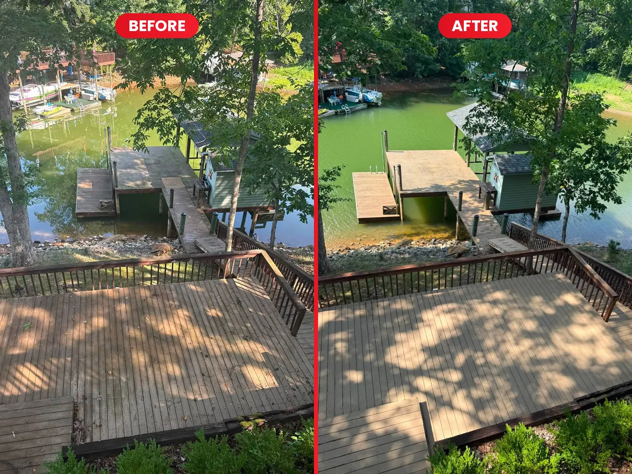 Deck, ramp and dock before and after cleaning at Smith Mountain Lake, VA