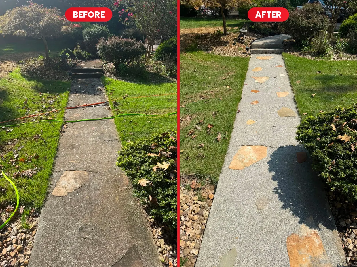 Front flagstone and concrete walkway before and after cleaning at Smith Mountain Lake, VA