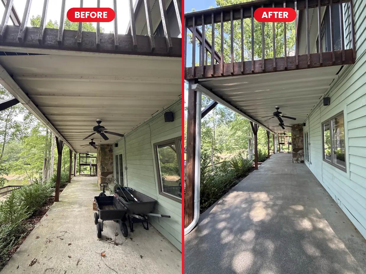 House siding, soffit and covered concrete walkway before and after cleaning at Smith Mountain Lake, VA