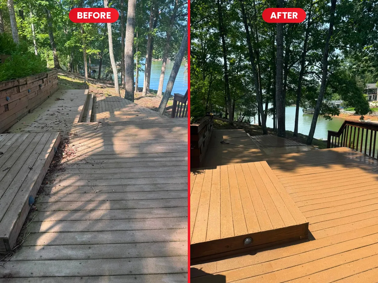 Lower composite deck before and after cleaning at Smith Mountain Lake, VA