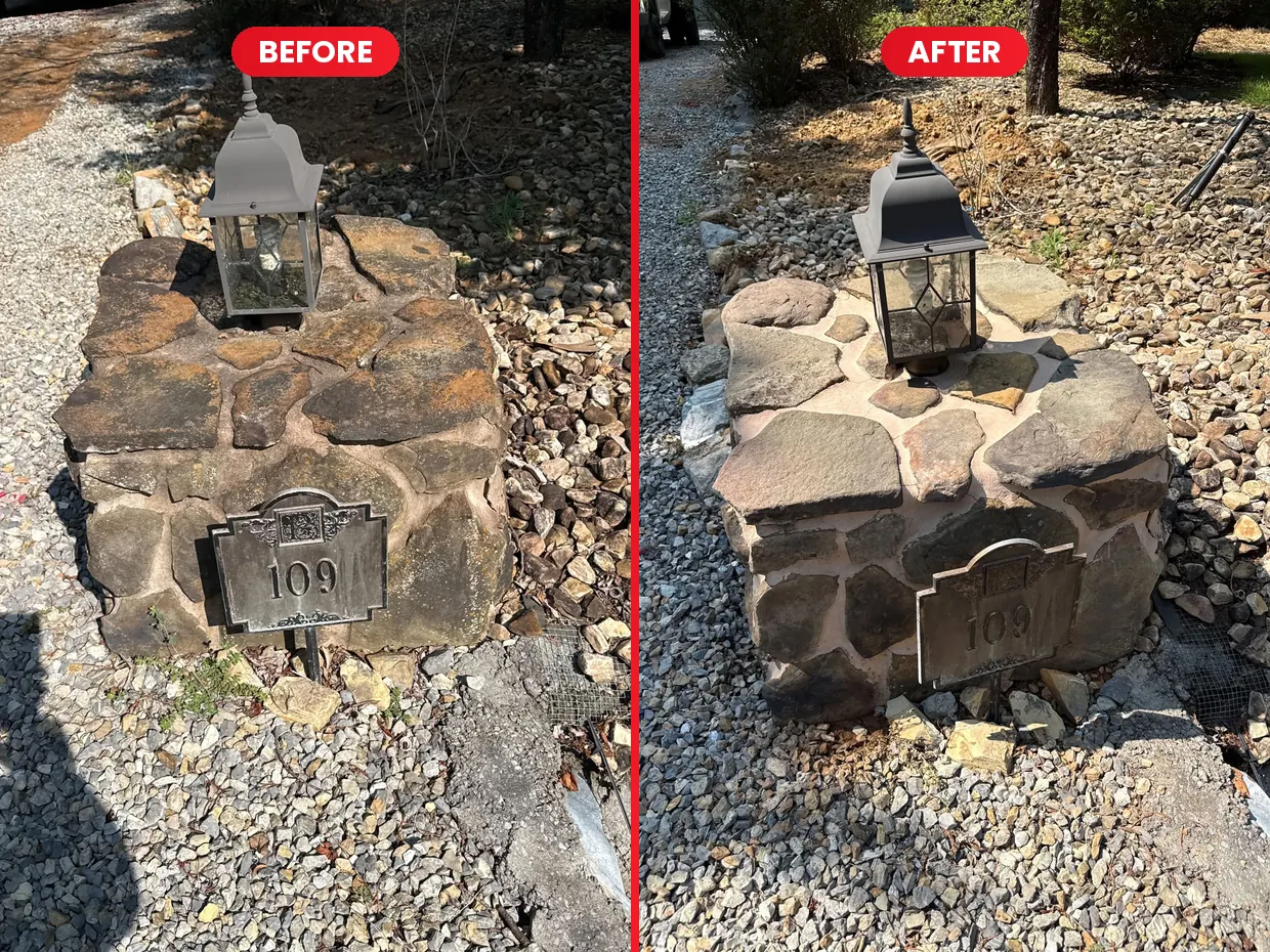 Stone entry column and lantern before and after cleaning at Smith Mountain Lake, VA