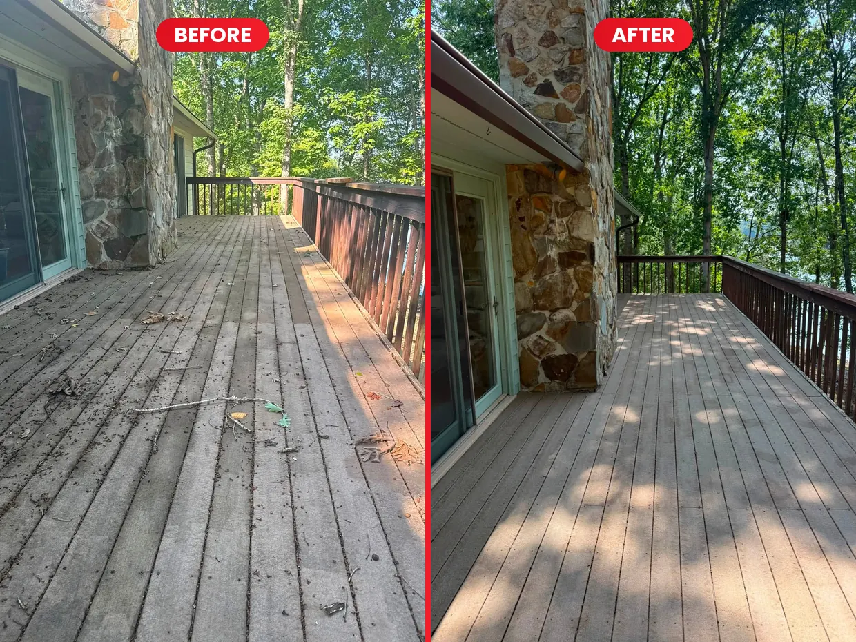Upper composite deck before and after cleaning at a lakefront home in Smith Mountain Lake, VA