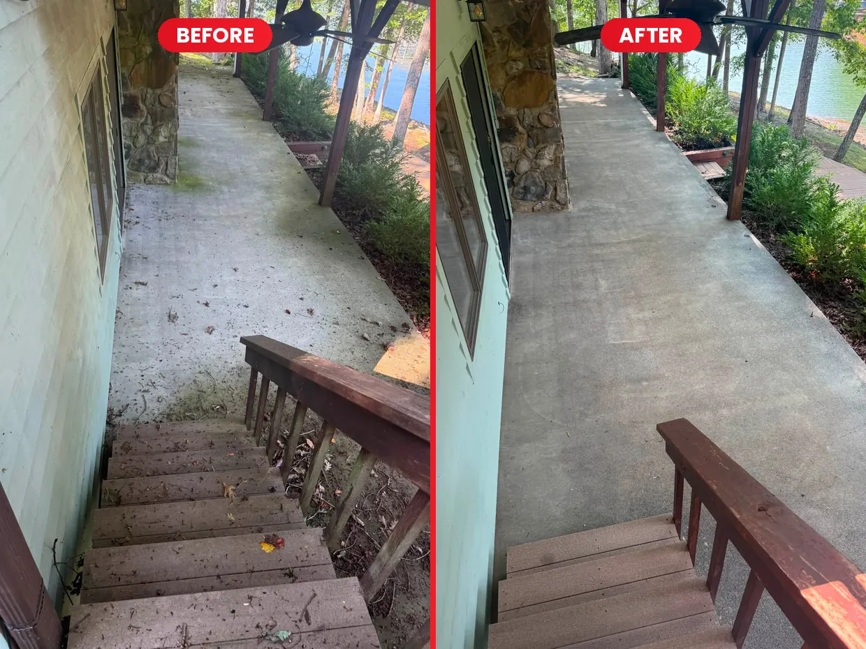 Covered concrete walkway before and after cleaning at a Smith Mountain Lake, VA lake house