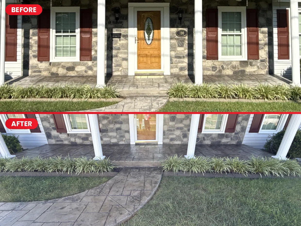 Front porch and walkway stamped concrete before and after sealing in Rocky Mount, VA