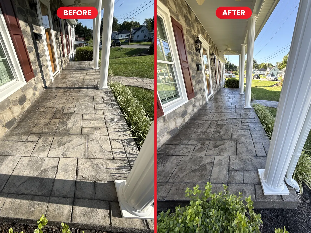Stamped concrete covered porch before and after sealing in Rocky Mount, VA