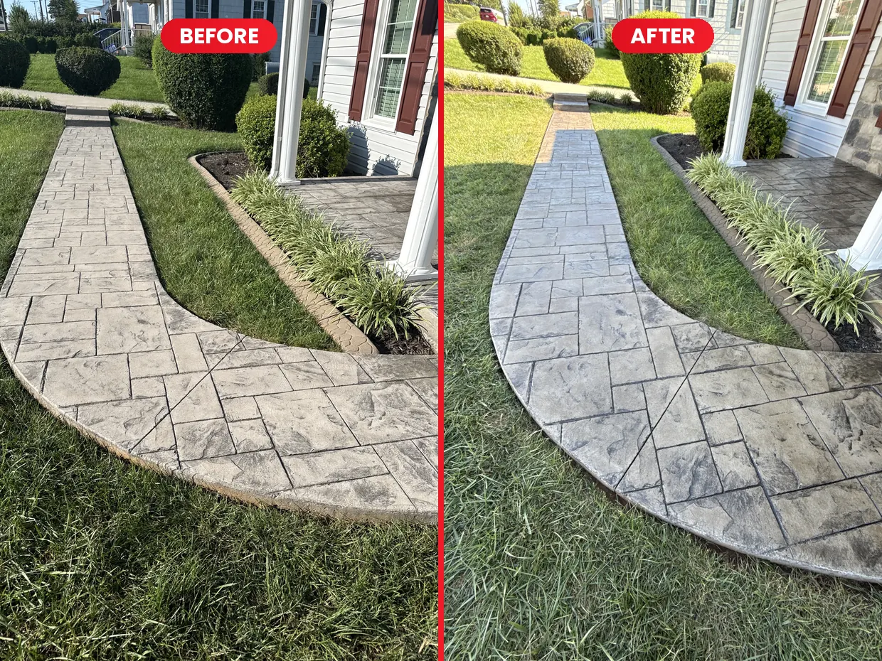 Stamped concrete walkway and curved landing before and after sealing in Rocky Mount, VA