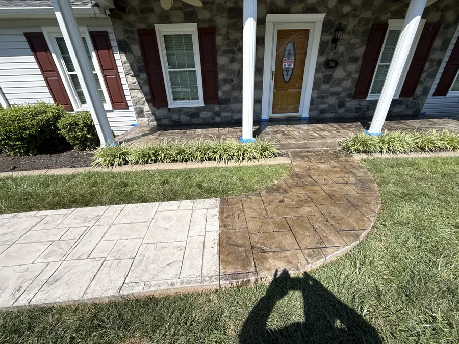 Stamped concrete walkway half sealed and half unsealed in Rocky Mount, VA