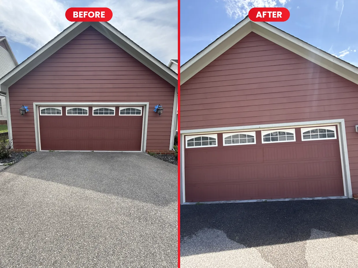 Garage elevation before and after soft washing in Vinton, VA
