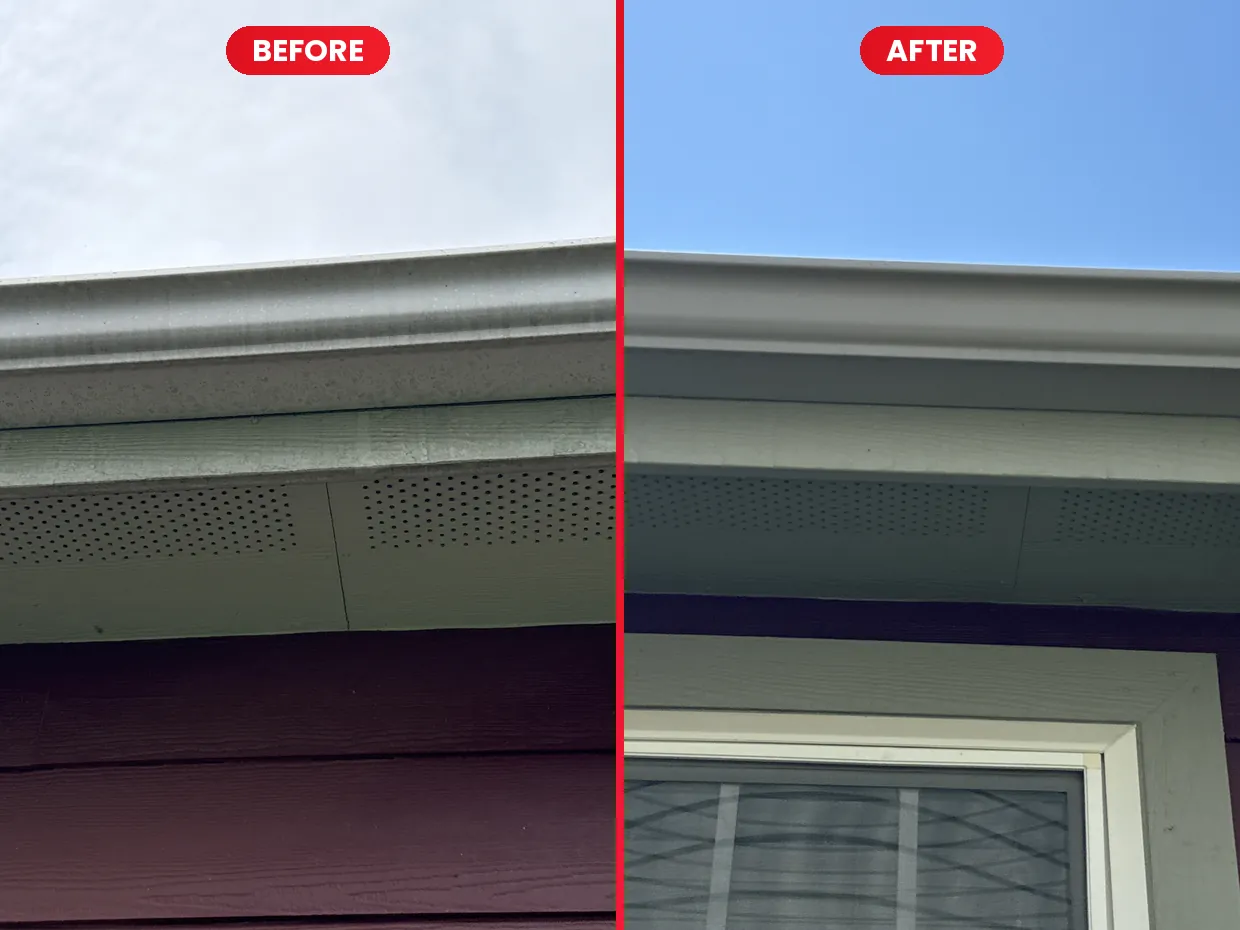 Gutter and soffit before and after brightening on a house in Vinton, VA