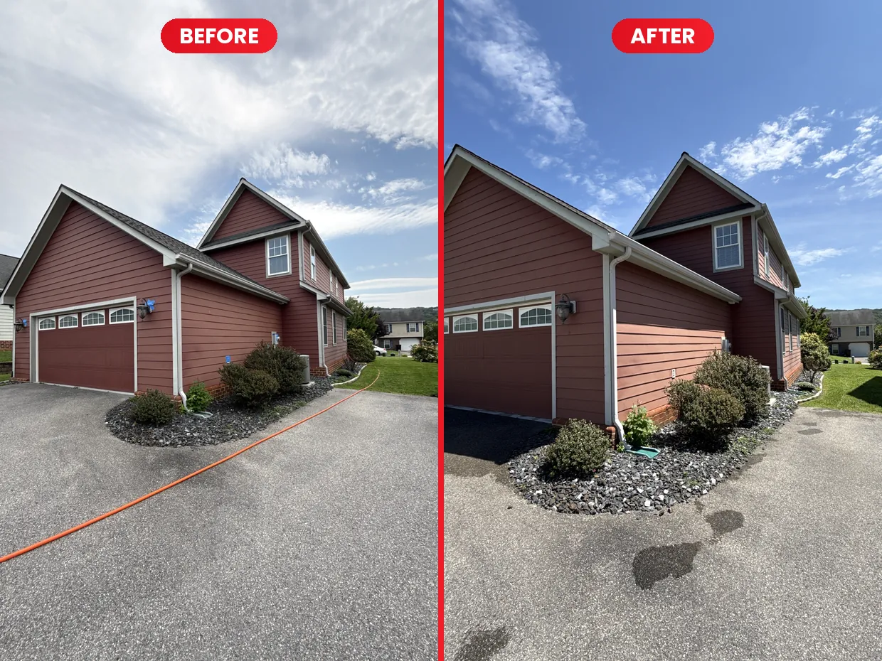 Side elevation before and after house washing in Vinton, VA