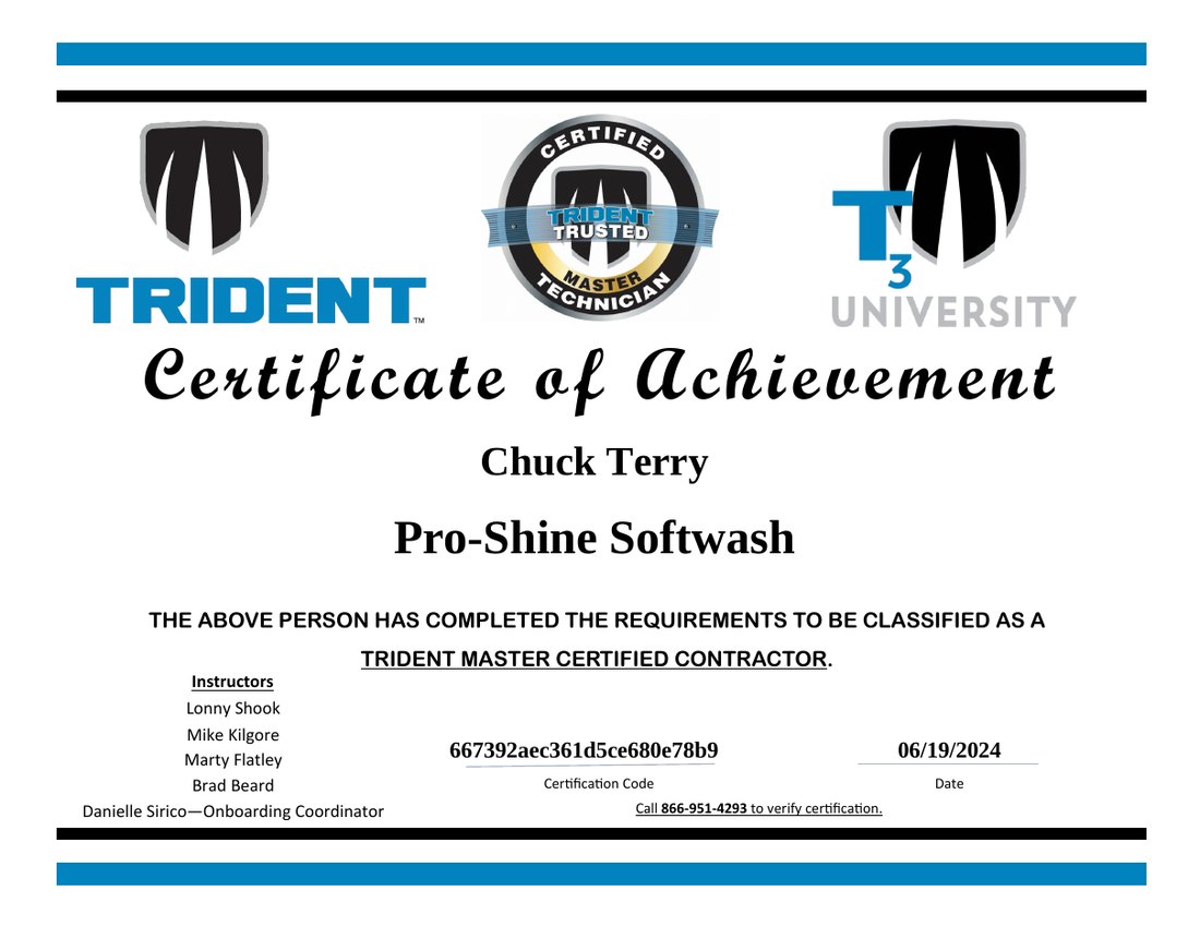 Trident Master Certified Contractor certificate awarded to Chuck Terry of Pro-Shine Softwash